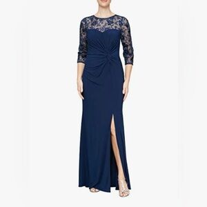 Alex Evenings Blue Gown with Slit and Cuffed 3/4 Sleeves